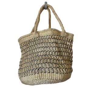 Blue & Tan Woven Medium Beach Bag